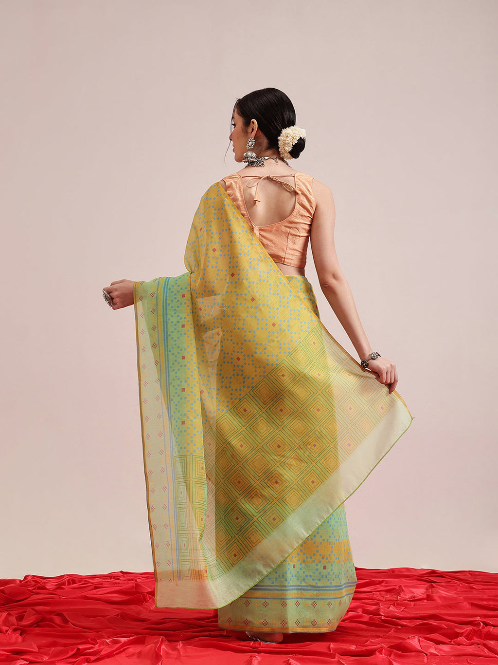 Hiral Fashion Olive Chanderi Cotton Blend Geomatric Digital Printed Saree