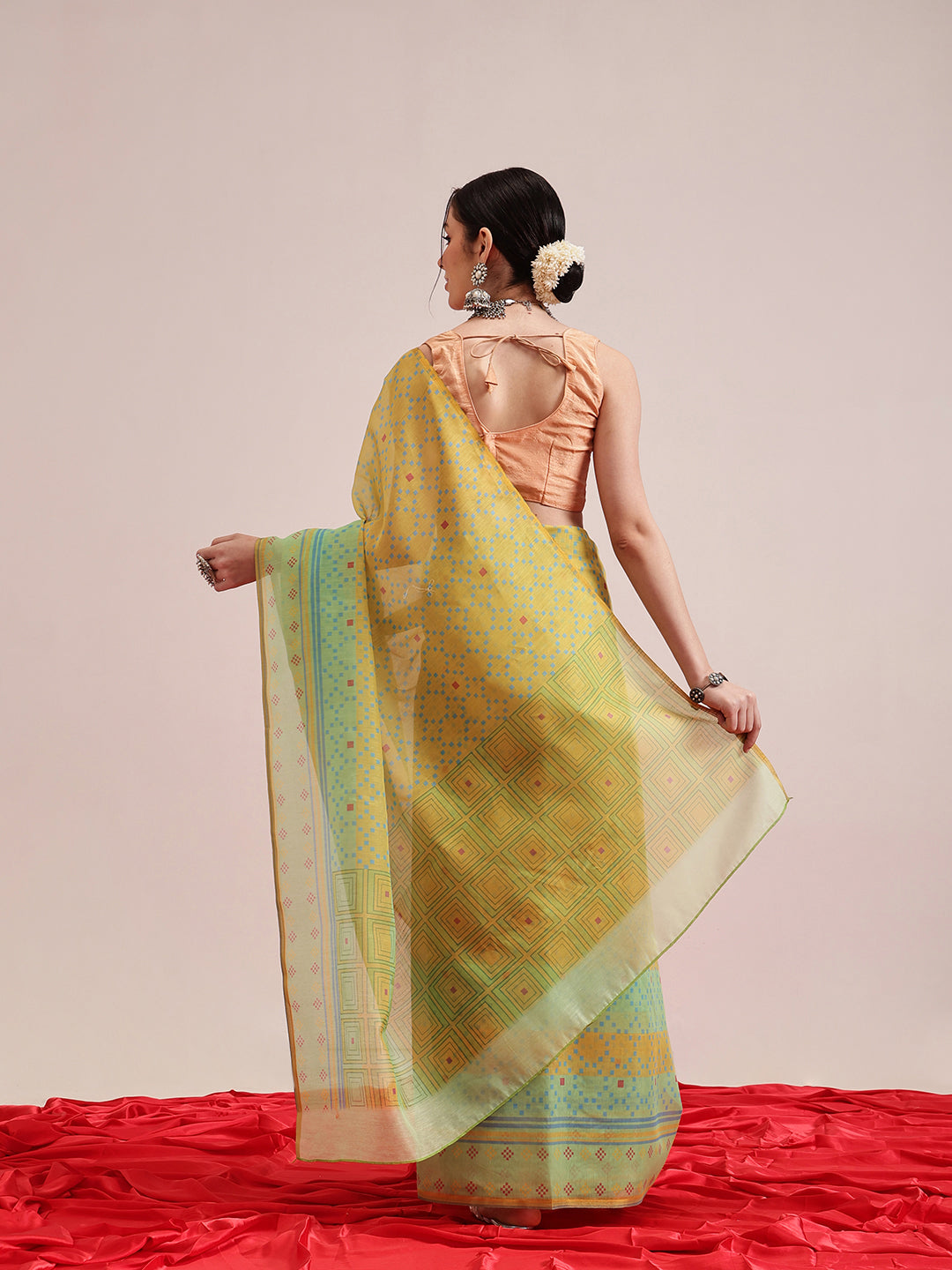 Hiral Fashion Olive Chanderi Cotton Blend Geomatric Digital Printed Saree