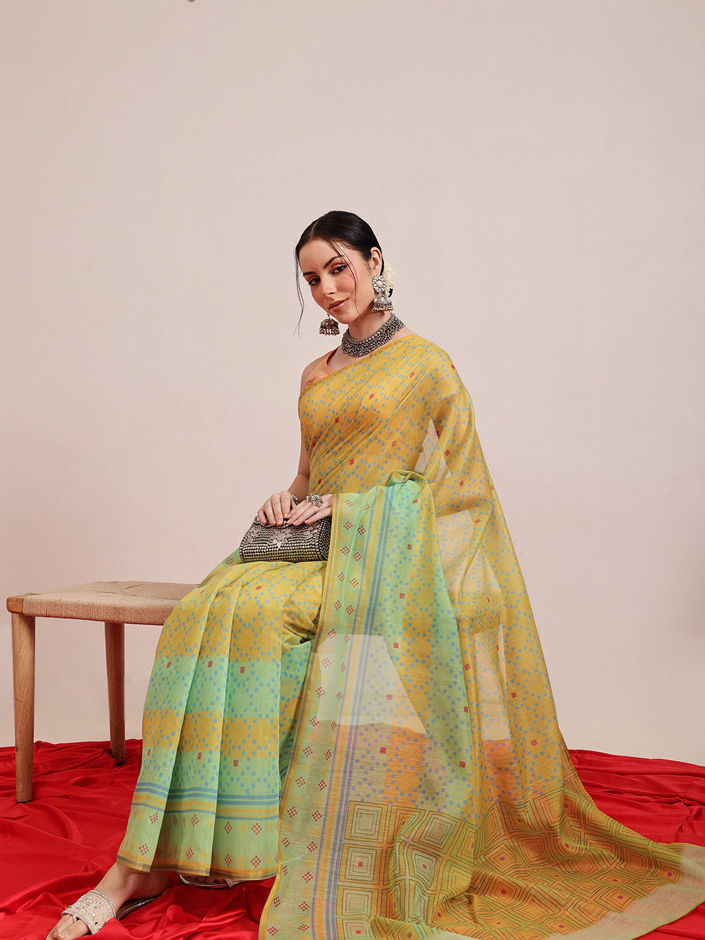 Hiral Fashion Olive Chanderi Cotton Blend Geomatric Digital Printed Saree