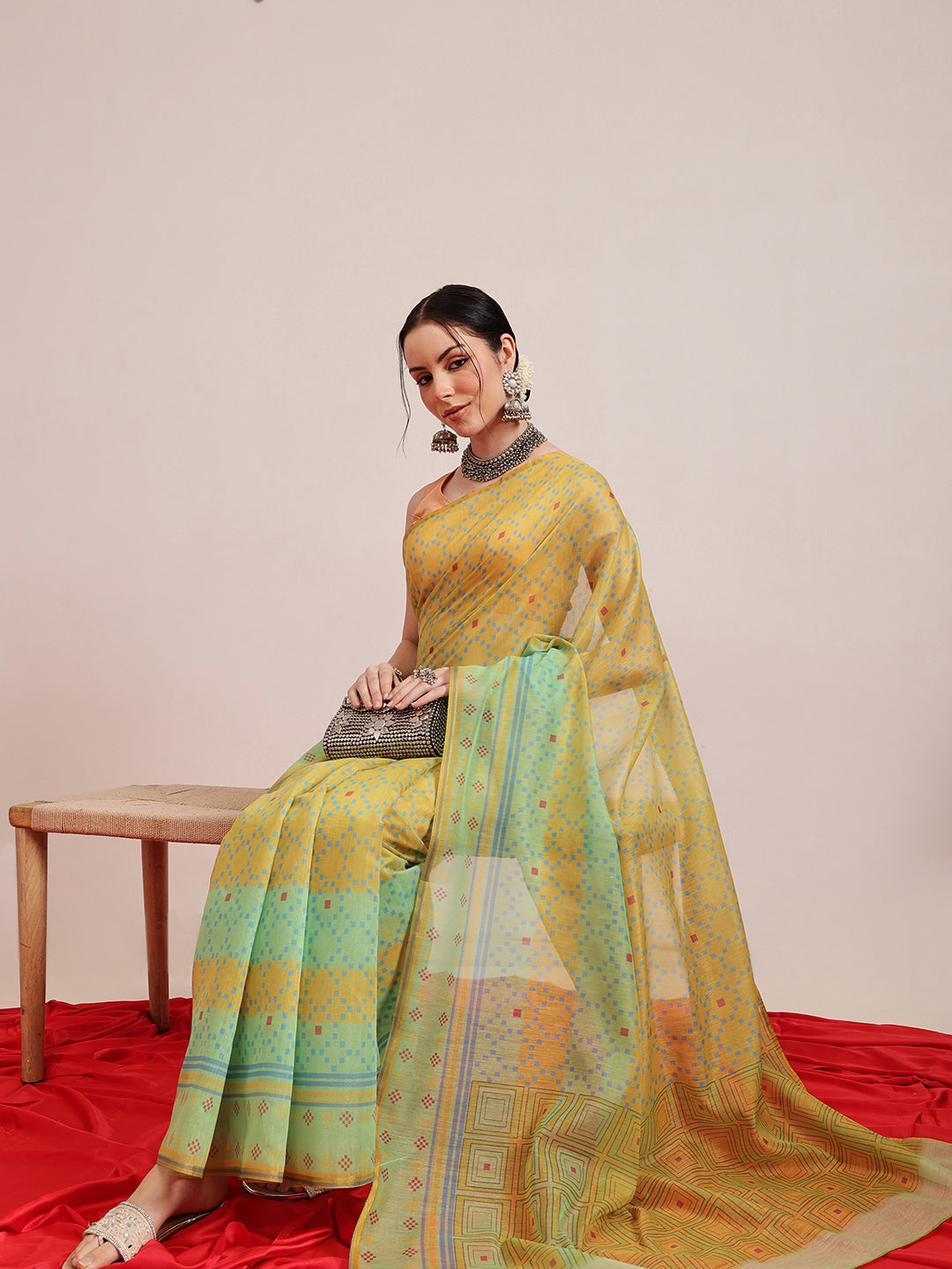 Hiral Fashion Olive Chanderi Cotton Blend Geomatric Digital Printed Saree