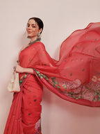 Hiral Fashion Red Chanderi Cotton Blend Fruits Digital Printed Saree