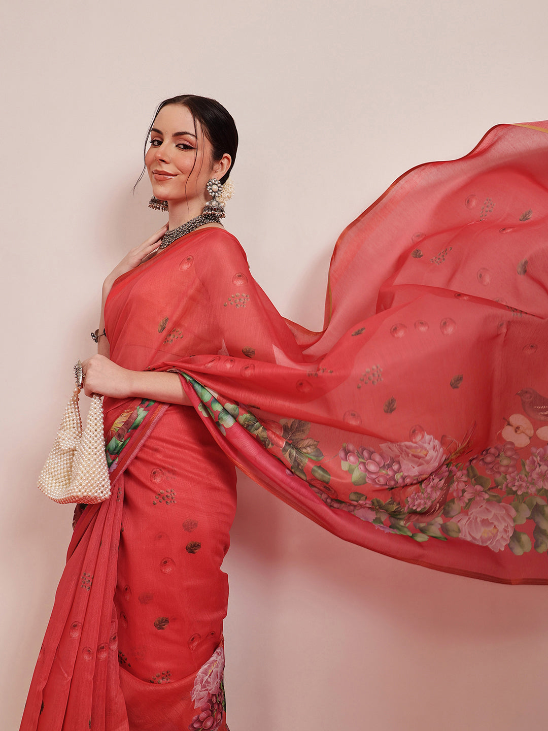Hiral Fashion Red Chanderi Cotton Blend Fruits Digital Printed Saree