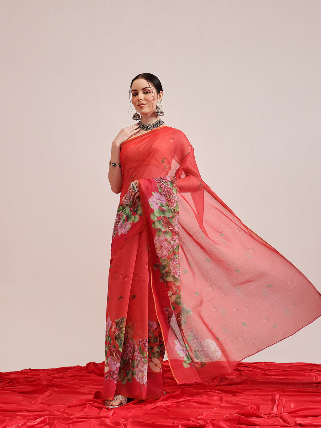 Hiral Fashion Red Chanderi Cotton Blend Fruits Digital Printed Saree