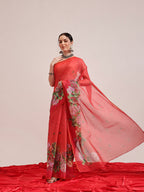Hiral Fashion Red Chanderi Cotton Blend Fruits Digital Printed Saree