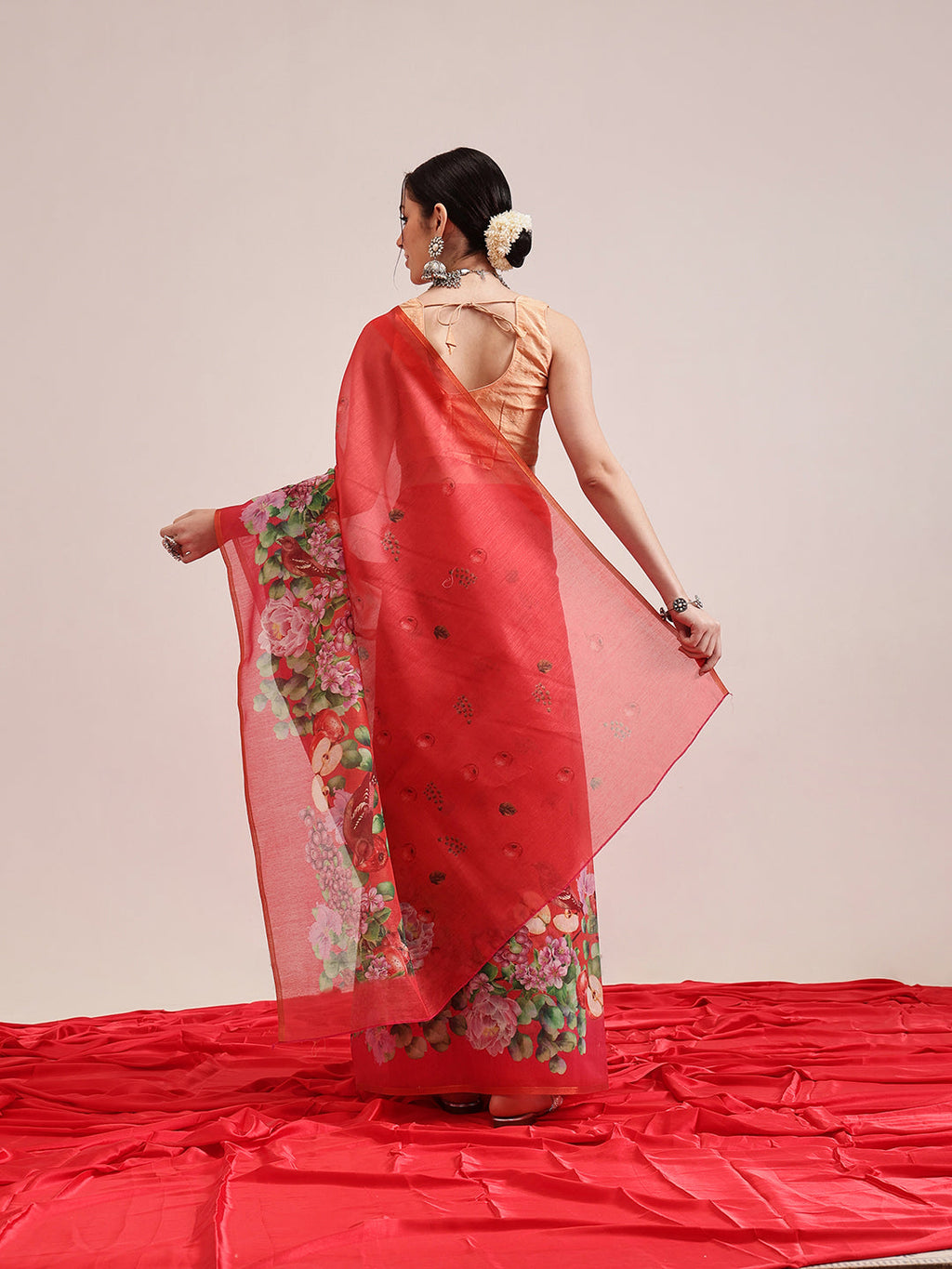 Hiral Fashion Red Chanderi Cotton Blend Fruits Digital Printed Saree