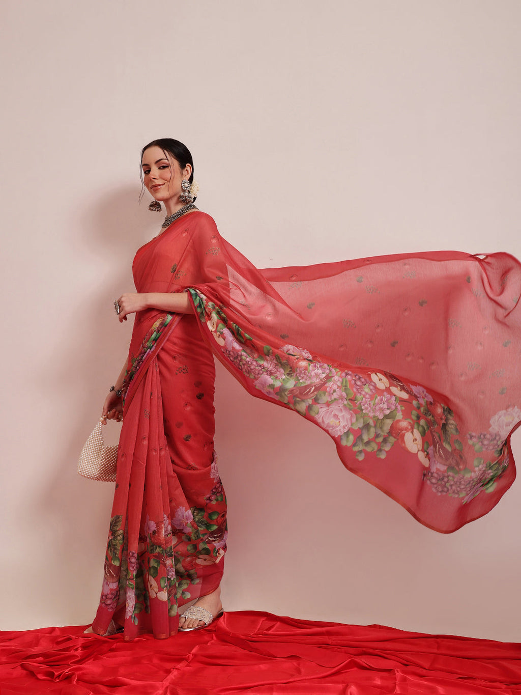 Hiral Fashion Red Chanderi Cotton Blend Fruits Digital Printed Saree