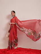 Hiral Fashion Red Chanderi Cotton Blend Fruits Digital Printed Saree