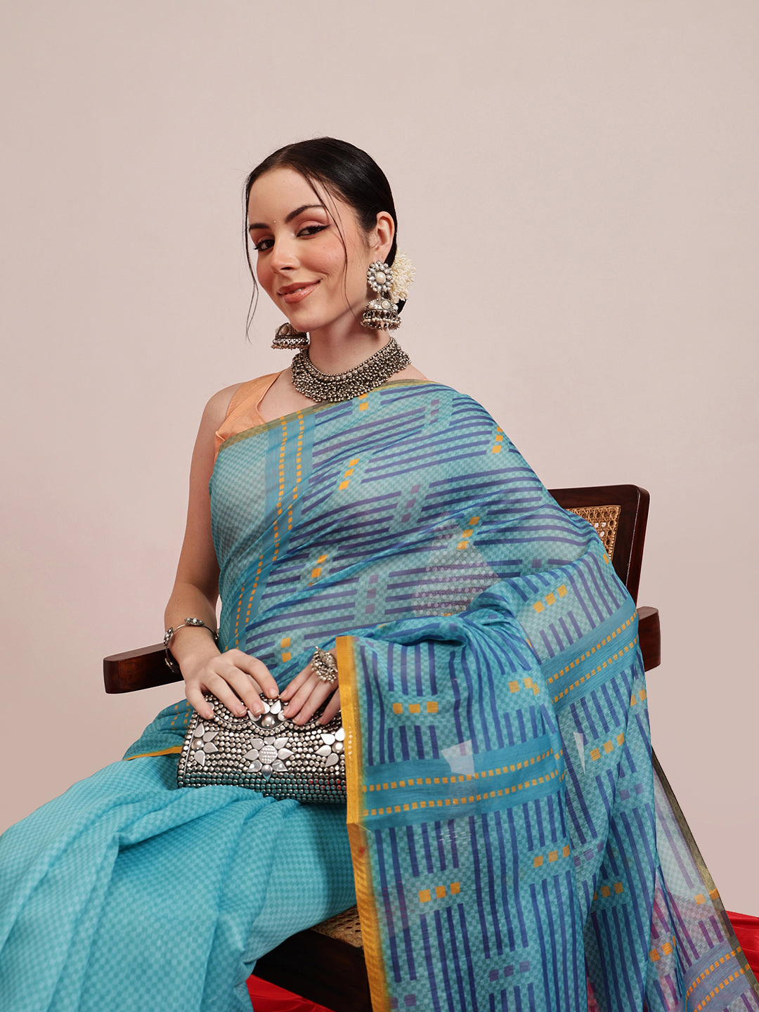 Hiral Fashion Teal Chanderi Cotton Blend Abstract Digital Printed Saree