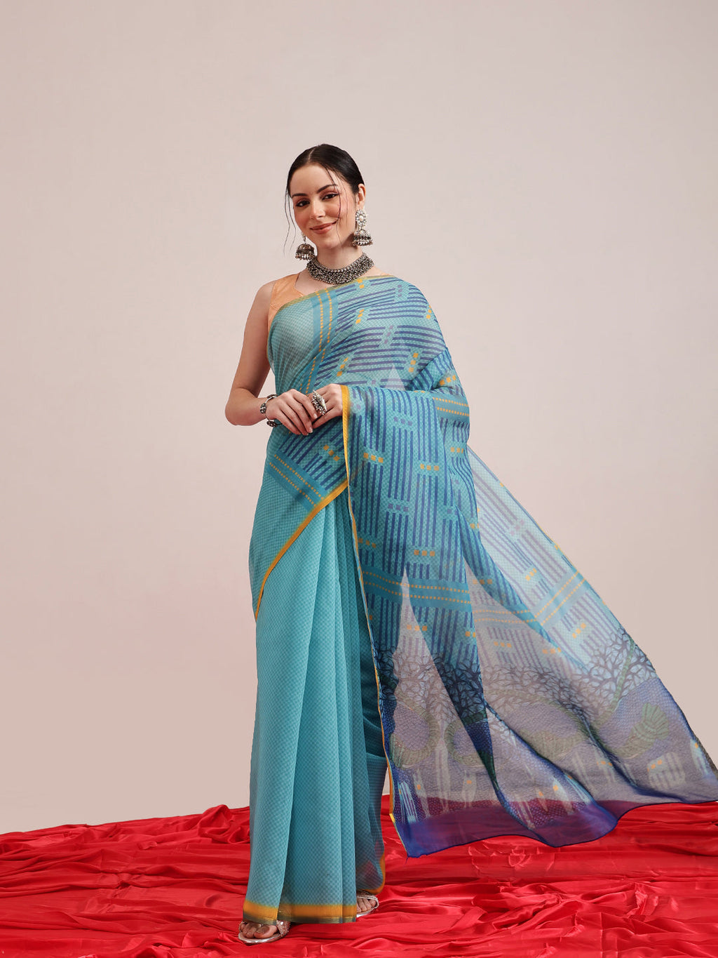 Hiral Fashion Teal Chanderi Cotton Blend Abstract Digital Printed Saree