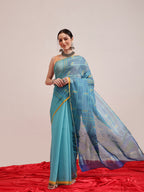 Hiral Fashion Teal Chanderi Cotton Blend Abstract Digital Printed Saree