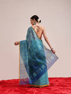 Hiral Fashion Teal Chanderi Cotton Blend Abstract Digital Printed Saree