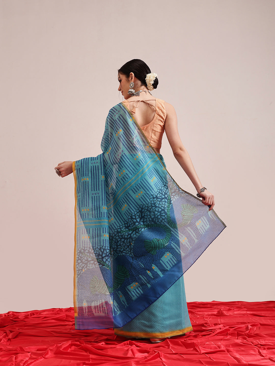Hiral Fashion Teal Chanderi Cotton Blend Abstract Digital Printed Saree