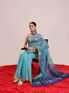 Hiral Fashion Teal Chanderi Cotton Blend Abstract Digital Printed Saree