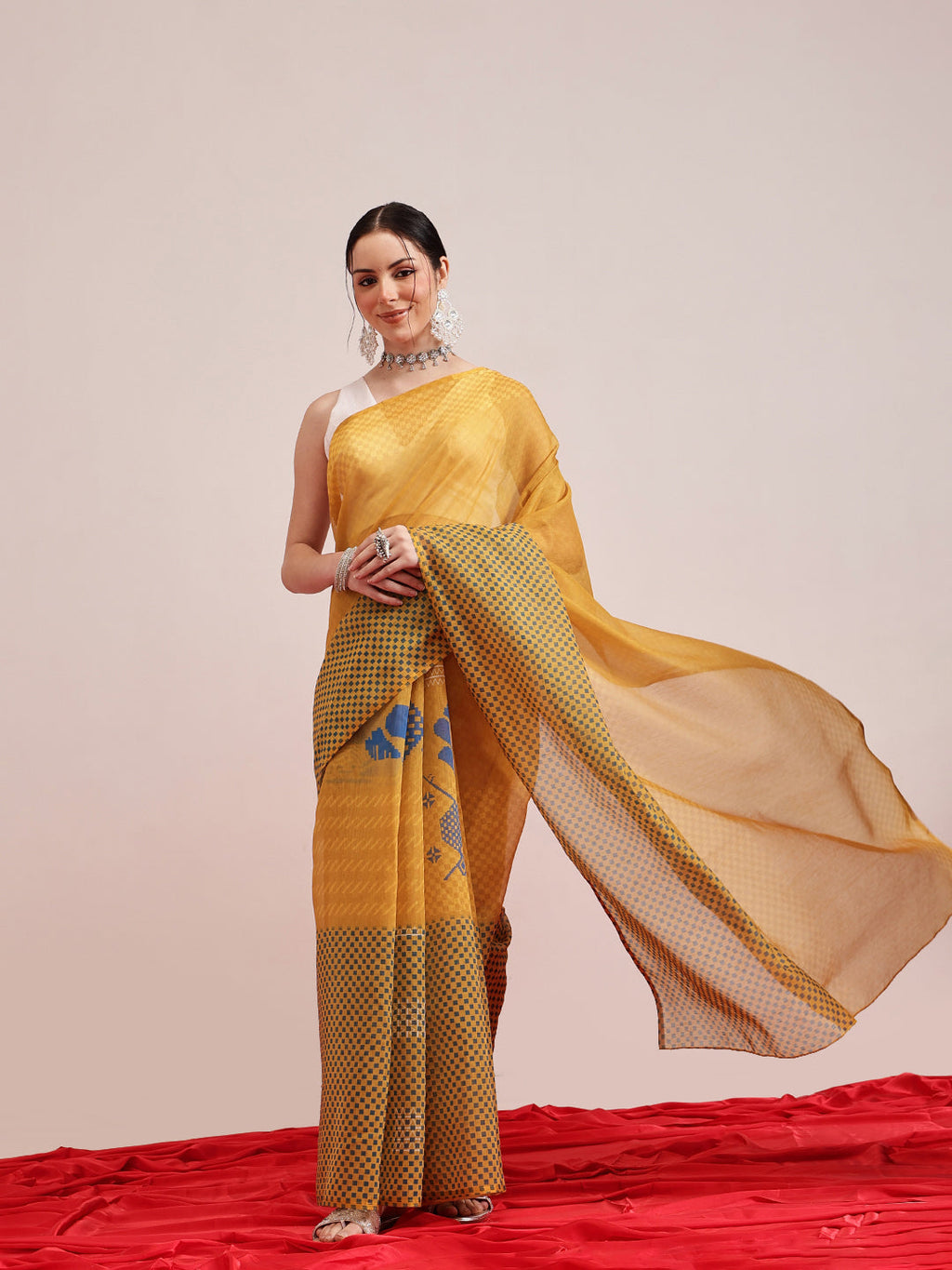 Hiral Fashion Yellow Chanderi Cotton Blend Abstract Digital Printed Saree