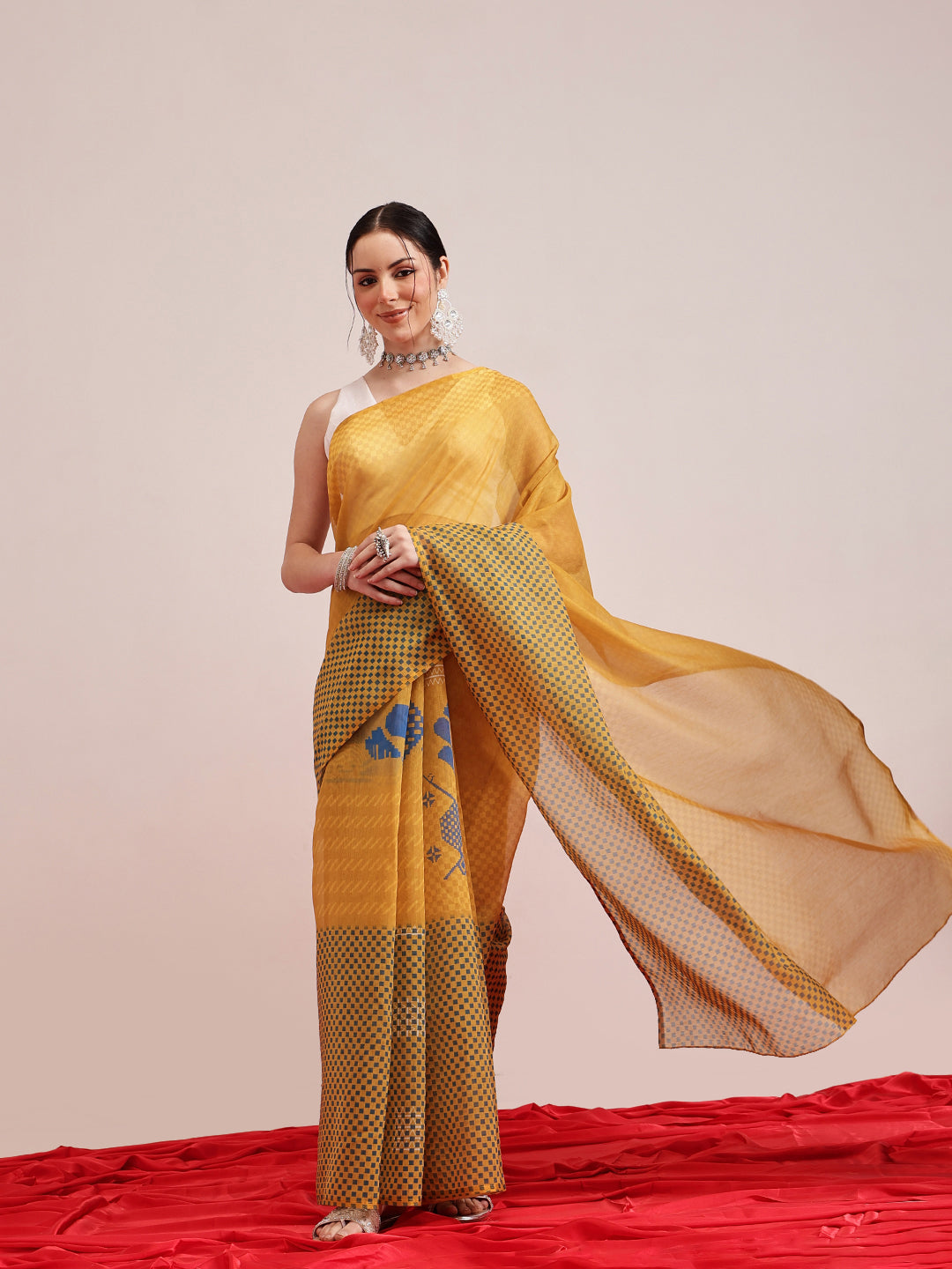 Hiral Fashion Yellow Chanderi Cotton Blend Abstract Digital Printed Saree