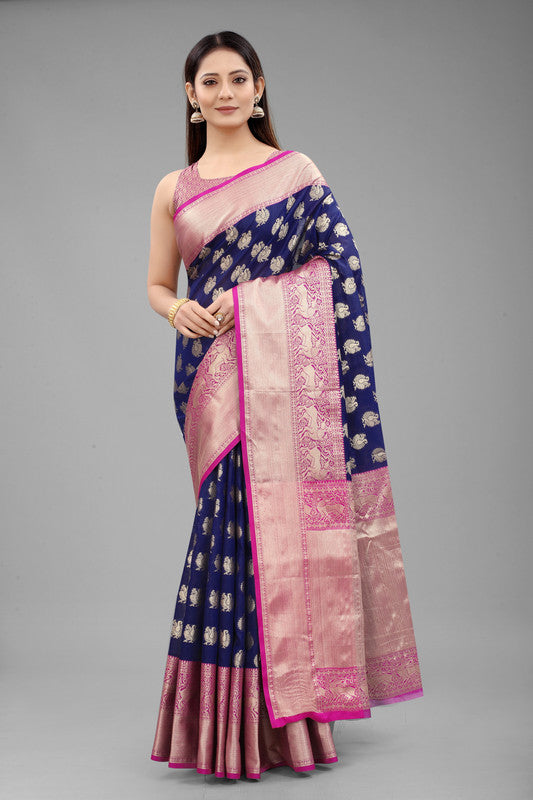 Blue Pure Silk Woven Zari Design Animal Saree with Unstitched Blouse - Hiral Fashion