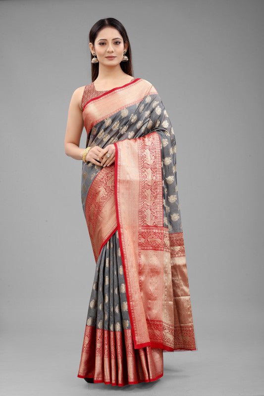 Gray Pure Silk Woven Zari Design Animal Saree with Unstitched Blouse - Hiral Fashion