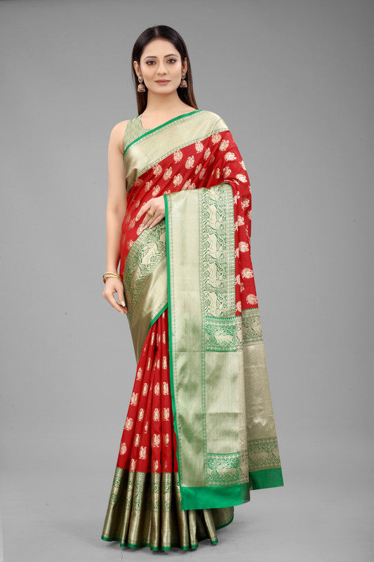 Red Pure Silk Woven Zari Design Animal Saree with Unstitched Blouse - Hiral Fashion