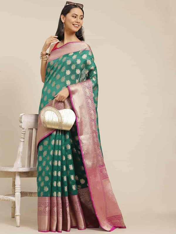 Turquoise Pure Silk Woven Zari Design Animal Saree with Unstitched Blouse - Hiral Fashion