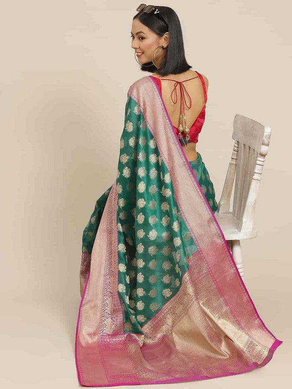 Turquoise Pure Silk Woven Zari Design Animal Saree with Unstitched Blouse - Hiral Fashion