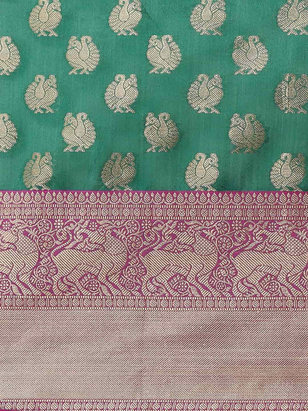 Turquoise Pure Silk Woven Zari Design Animal Saree with Unstitched Blouse - Hiral Fashion