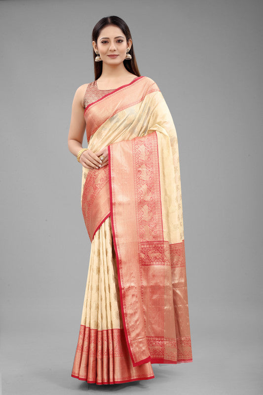 White Pure Silk Woven Zari Design Animal Saree with Unstitched Blouse - Hiral Fashion