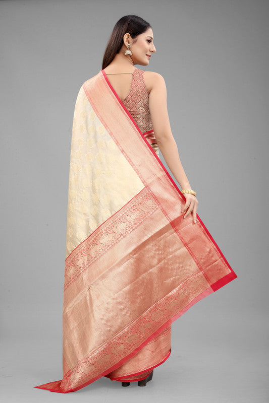 White Pure Silk Woven Zari Design Animal Saree with Unstitched Blouse - Hiral Fashion