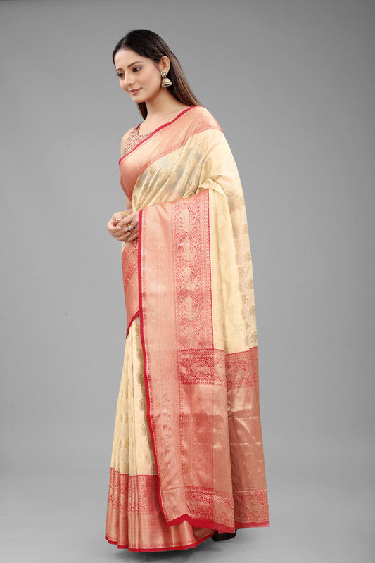 White Pure Silk Woven Zari Design Animal Saree with Unstitched Blouse - Hiral Fashion