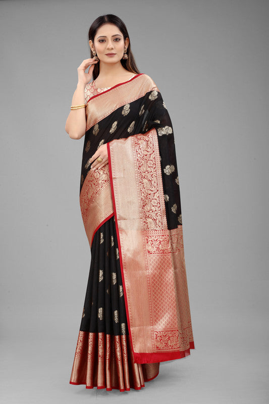 Black Pure Silk Woven Zari Design Floral Saree with Unstitched Blouse - Hiral Fashion
