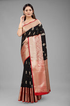 Black Pure Silk Woven Zari Design Floral Saree with Unstitched Blouse - Hiral Fashion