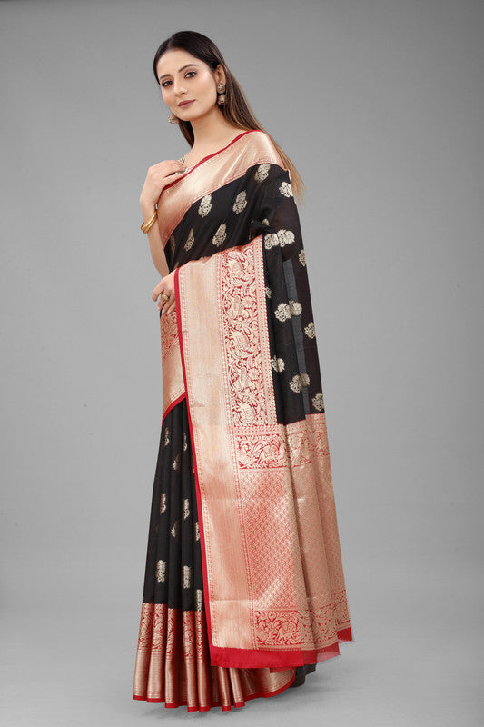Black Pure Silk Woven Zari Design Floral Saree with Unstitched Blouse - Hiral Fashion