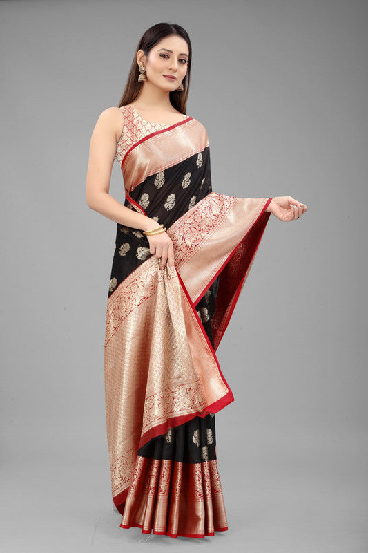 Black Pure Silk Woven Zari Design Floral Saree with Unstitched Blouse - Hiral Fashion