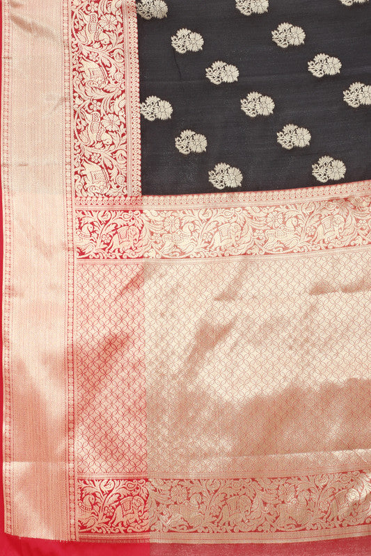 Black Pure Silk Woven Zari Design Floral Saree with Unstitched Blouse - Hiral Fashion