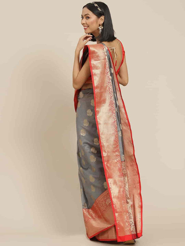 Gray Pure Silk Woven Zari Design Floral Saree with Unstitched Blouse - Hiral Fashion