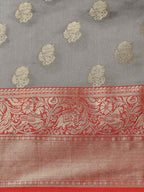 Gray Pure Silk Woven Zari Design Floral Saree with Unstitched Blouse - Hiral Fashion