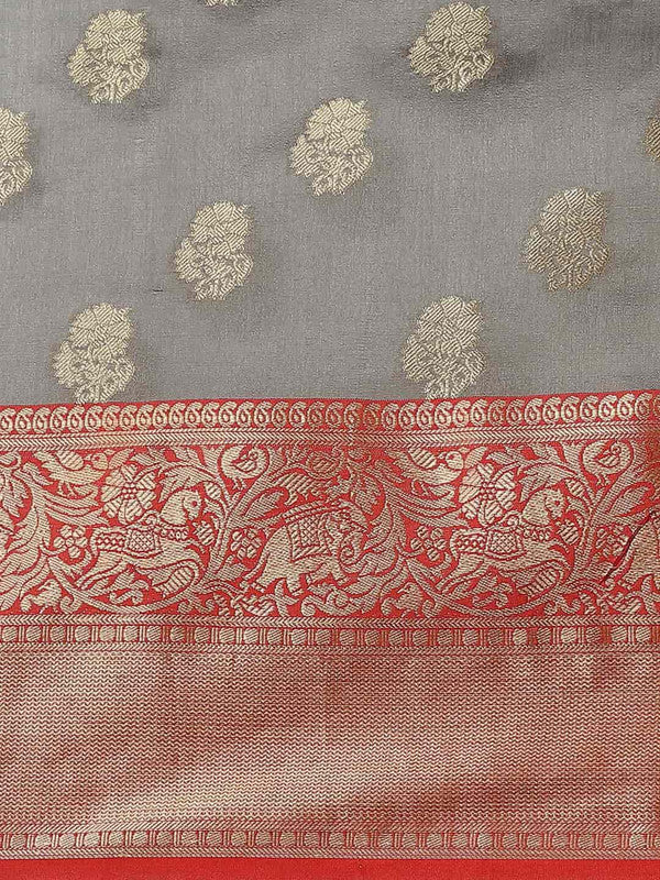 Gray Pure Silk Woven Zari Design Floral Saree with Unstitched Blouse - Hiral Fashion