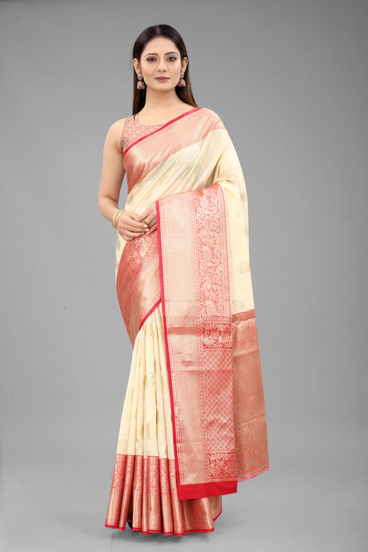 White Pure Silk Woven Zari Design Floral Saree with Unstitched Blouse - Hiral Fashion