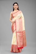 White Pure Silk Woven Zari Design Floral Saree with Unstitched Blouse - Hiral Fashion