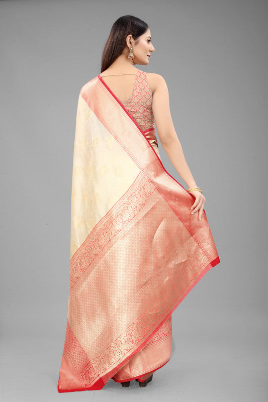 White Pure Silk Woven Zari Design Floral Saree with Unstitched Blouse - Hiral Fashion