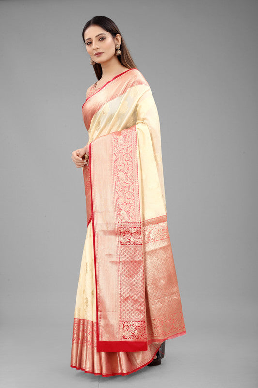 White Pure Silk Woven Zari Design Floral Saree with Unstitched Blouse - Hiral Fashion