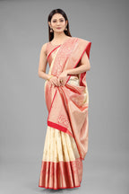 White Pure Silk Woven Zari Design Floral Saree with Unstitched Blouse - Hiral Fashion