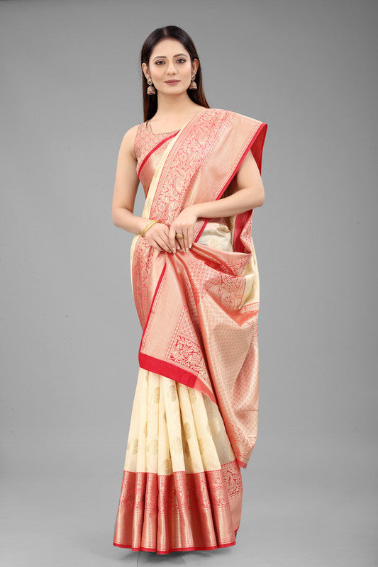 White Pure Silk Woven Zari Design Floral Saree with Unstitched Blouse - Hiral Fashion
