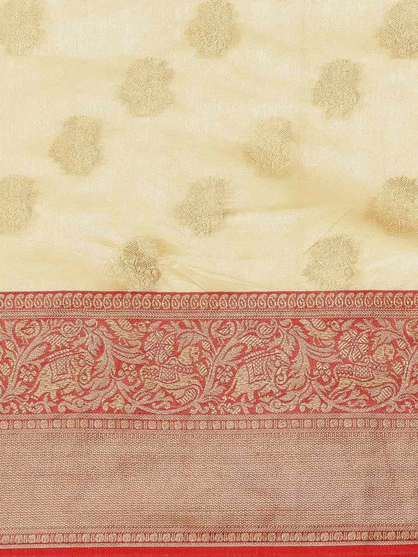 White Pure Silk Woven Zari Design Floral Saree with Unstitched Blouse - Hiral Fashion
