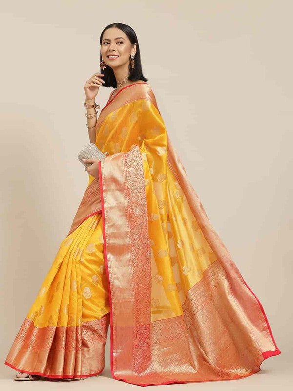 Yellow Pure Silk Woven Zari Design Floral Saree with Unstitched Blouse - Hiral Fashion