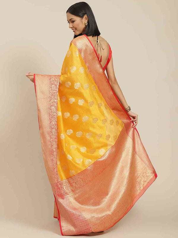 Yellow Pure Silk Woven Zari Design Floral Saree with Unstitched Blouse - Hiral Fashion
