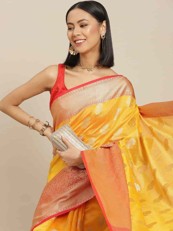 Yellow Pure Silk Woven Zari Design Floral Saree with Unstitched Blouse - Hiral Fashion