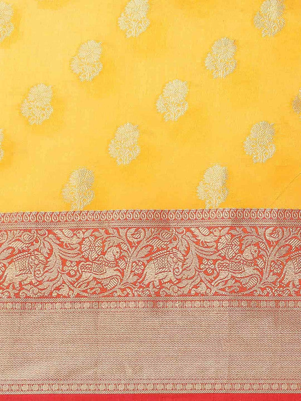 Yellow Pure Silk Woven Zari Design Floral Saree with Unstitched Blouse - Hiral Fashion