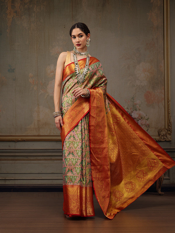 Green Pure Silk Woven Zari Design Geomatric Saree with Unstitched Blouse - Hiral Fashion