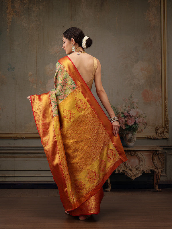 Green Pure Silk Woven Zari Design Geomatric Saree with Unstitched Blouse - Hiral Fashion