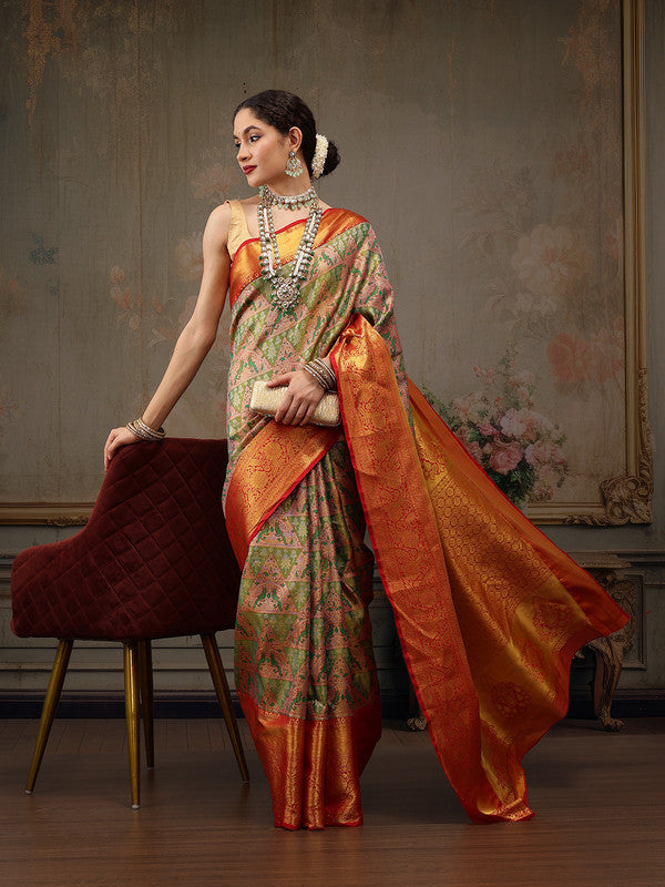 Green Pure Silk Woven Zari Design Geomatric Saree with Unstitched Blouse - Hiral Fashion